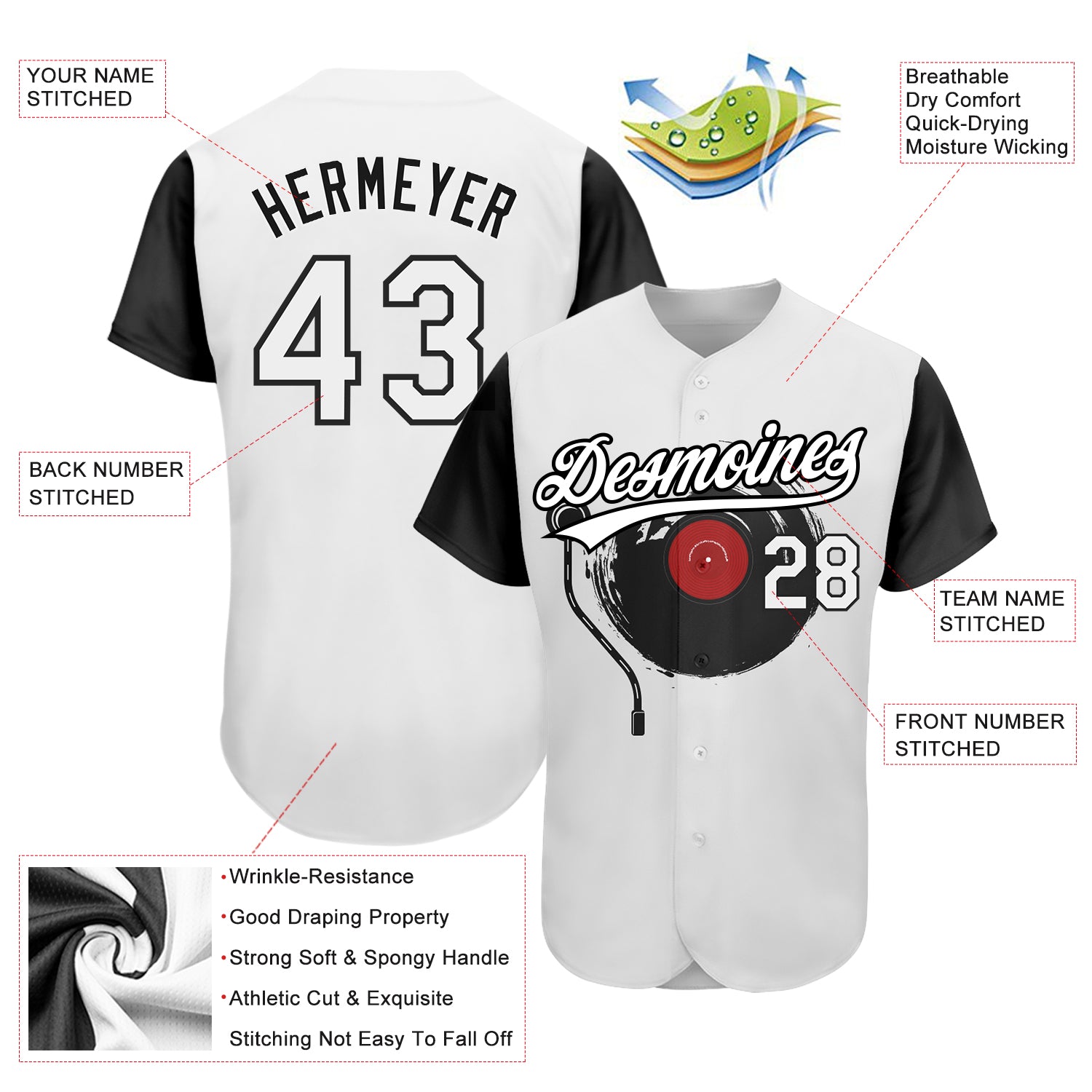 Custom White Black 3D Pattern Design Music Festival Vintage Vinyl Record Authentic Baseball Jersey