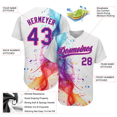 Custom White Purple-Pink 3D Pattern Design Music Festival Colorful Musical Notes Authentic Baseball Jersey
