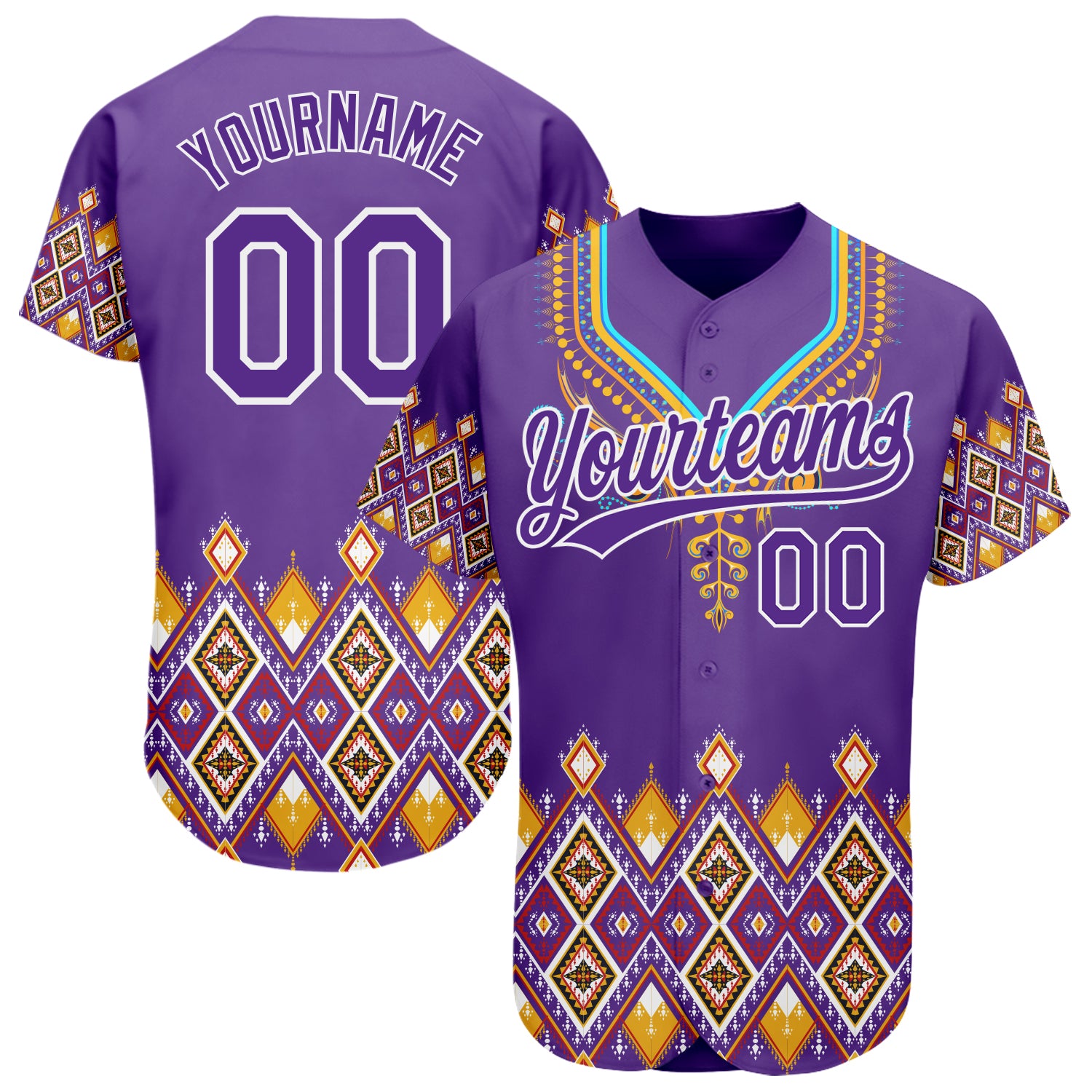 Custom Purple White 3D Pattern Design Traditional African Ethnic Style Authentic Baseball Jersey