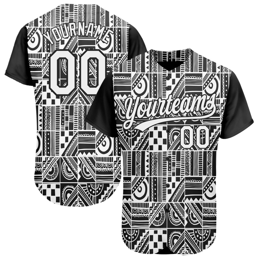 Custom Black White 3D Pattern Design Geometric Monochrome Mosaic Style Authentic Baseball Jersey