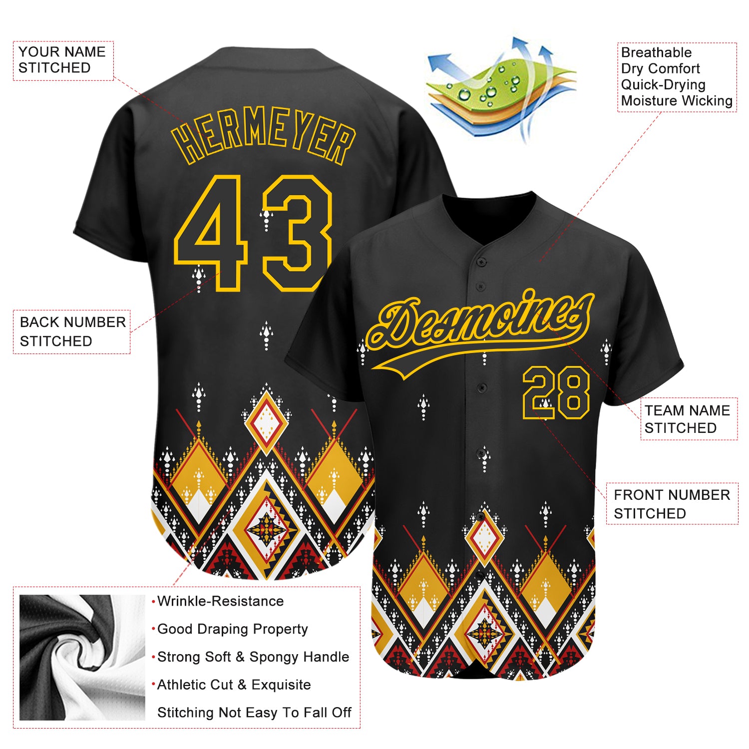 Custom Black Yellow 3D Pattern Design Geometric African Ethnic Style Authentic Baseball Jersey