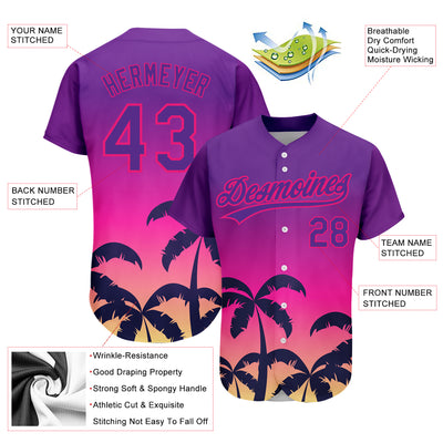 Custom Purple Hot Pink 3D Pattern Design Hawaii Palm Trees Authentic Baseball Jersey