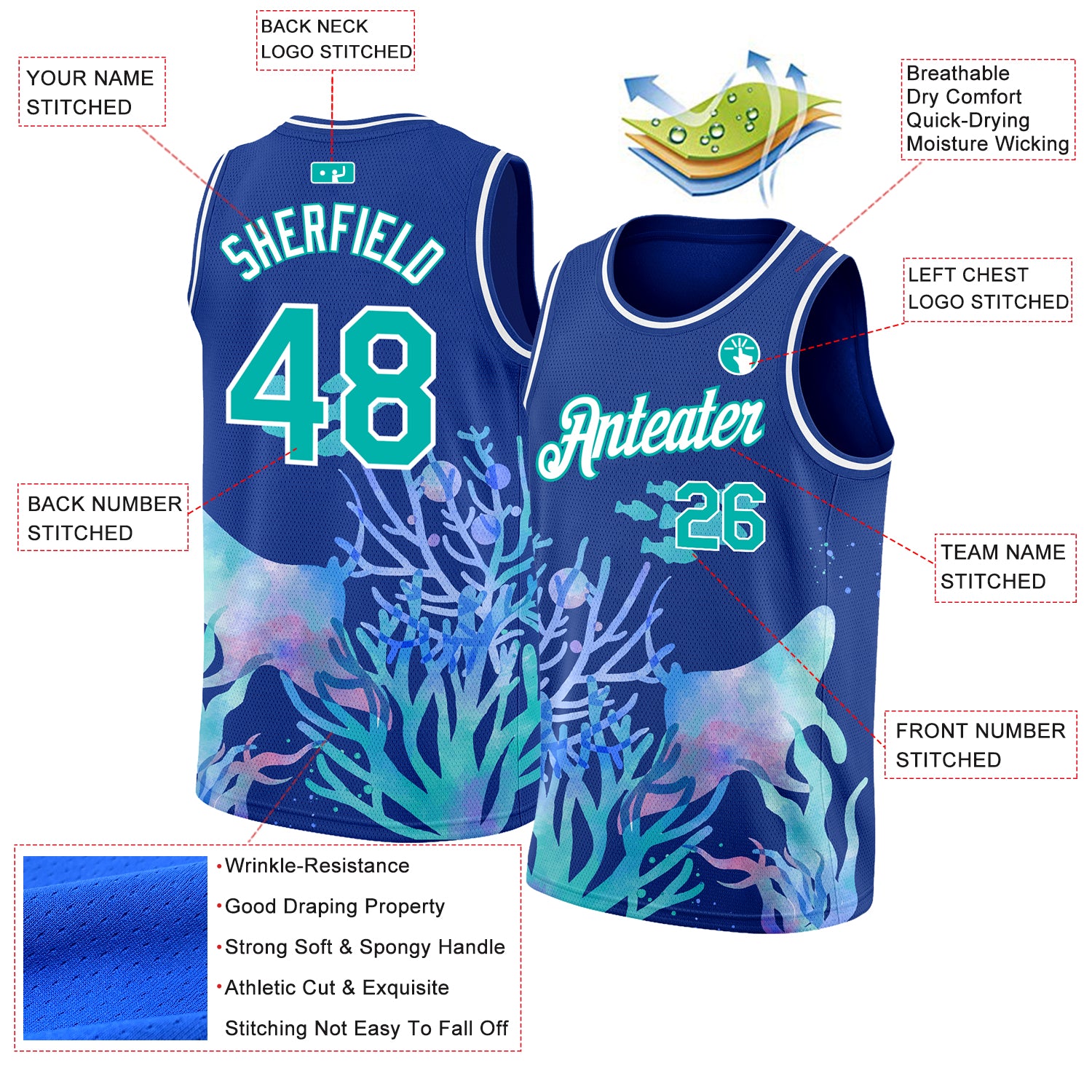 Custom Royal Aqua-White 3D Pattern Design Ocean World Authentic Basketball Jersey