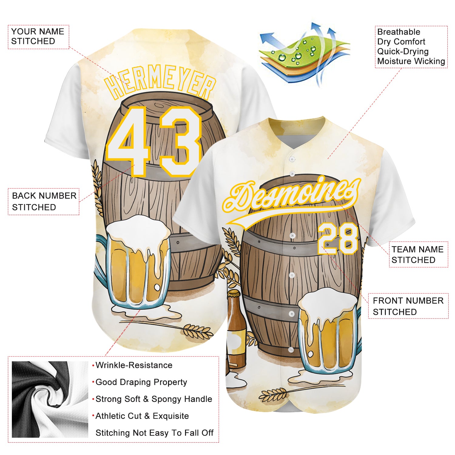 Custom White Yellow 3D Pattern Design International Beer Day Authentic Baseball Jersey