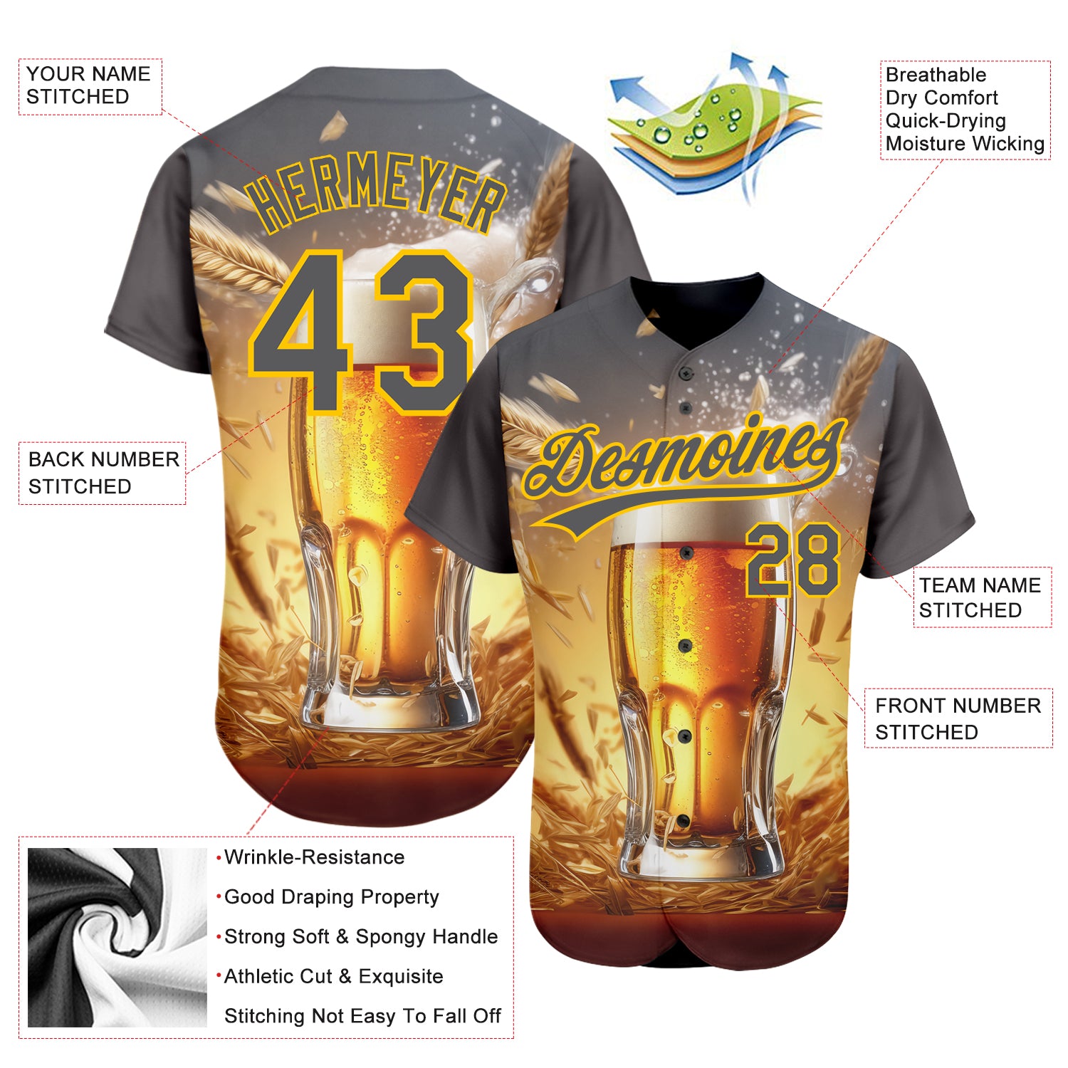 Custom Steel Gray Yellow 3D Pattern Design International Beer Day Authentic Baseball Jersey