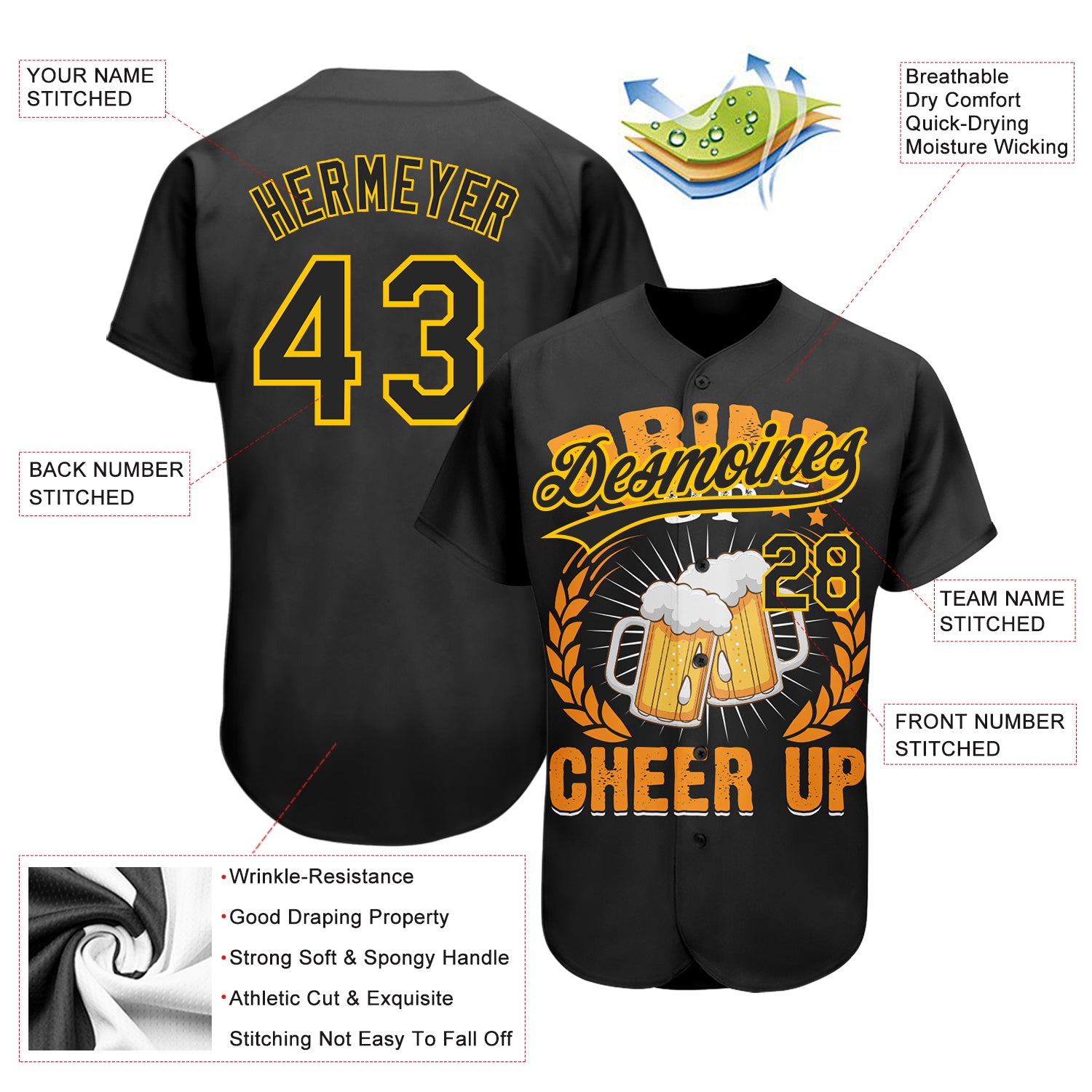 Custom Black Yellow 3D Pattern Design International Beer Day Authentic Baseball Jersey