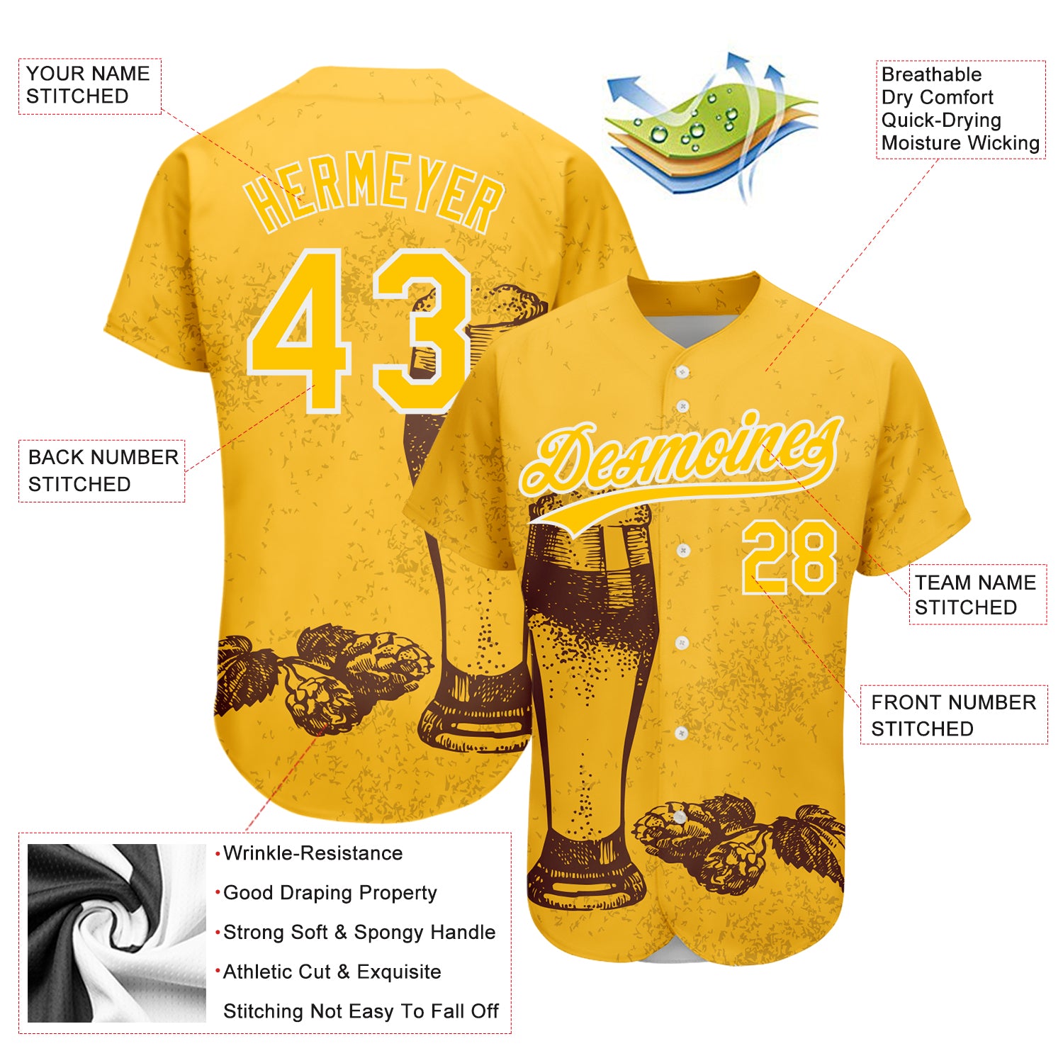 Custom Yellow White 3D Pattern Design Beer Festival Authentic Baseball Jersey