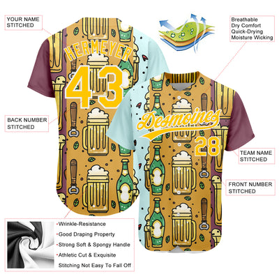 Custom Yellow White 3D Pattern Design Beer Festival Authentic Baseball Jersey