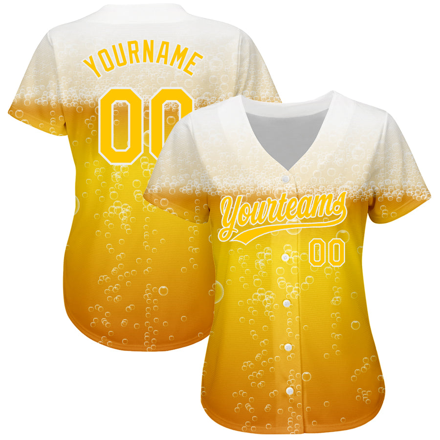 Custom Yellow White 3D Pattern Design Beer Authentic Baseball Jersey