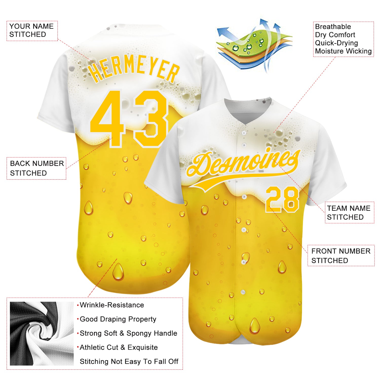 Custom Yellow White 3D Pattern Design Beer Authentic Baseball Jersey