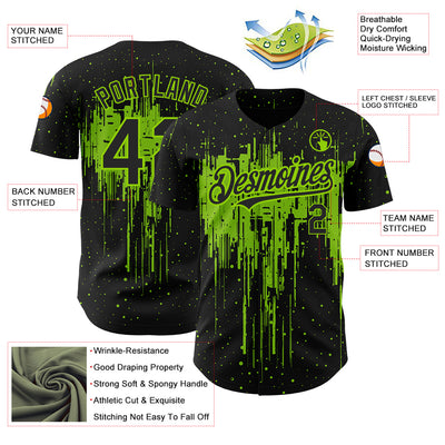 Custom Black Neon Green 3D Pattern Design Dripping Splatter Art Authentic Baseball Jersey