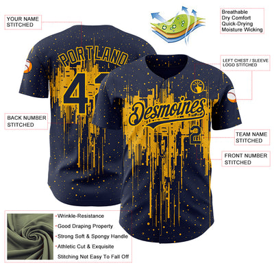 Custom Navy Gold 3D Pattern Design Dripping Splatter Art Authentic Baseball Jersey