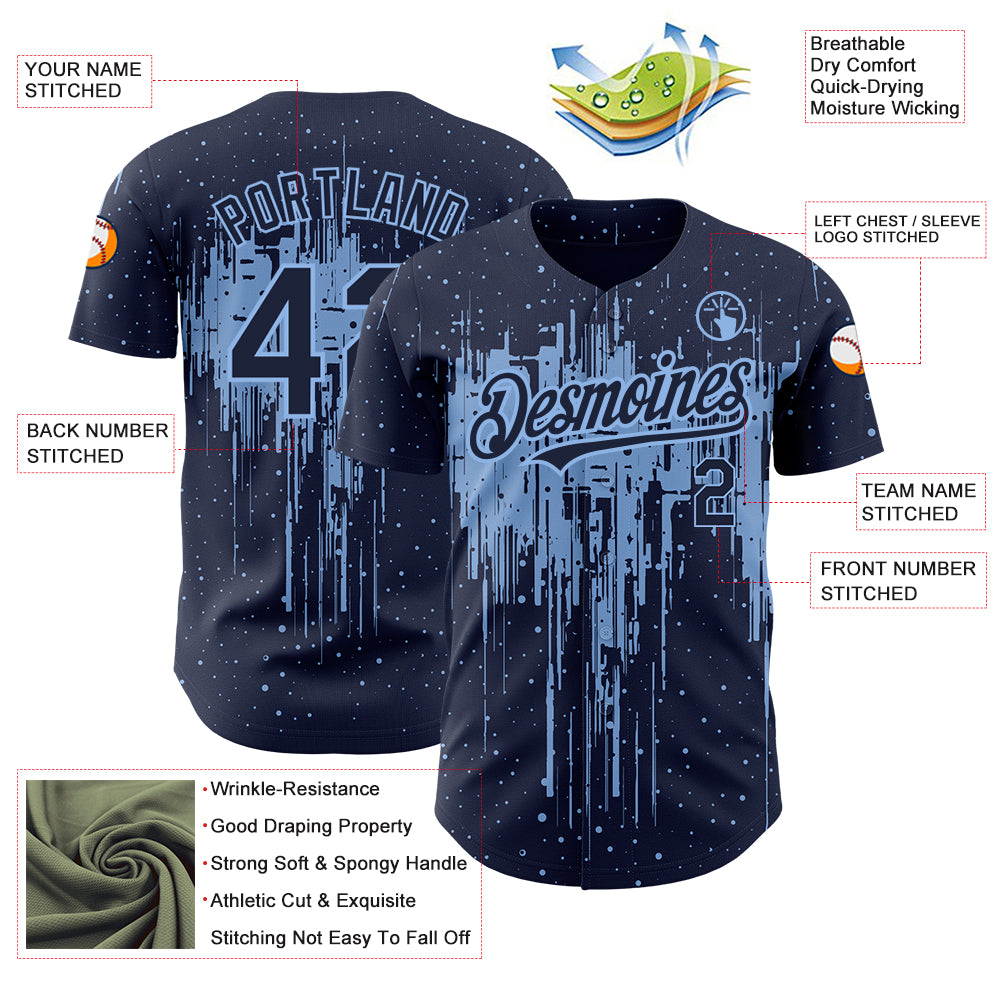 Custom Navy Light Blue 3D Pattern Design Dripping Splatter Art Authentic Baseball Jersey