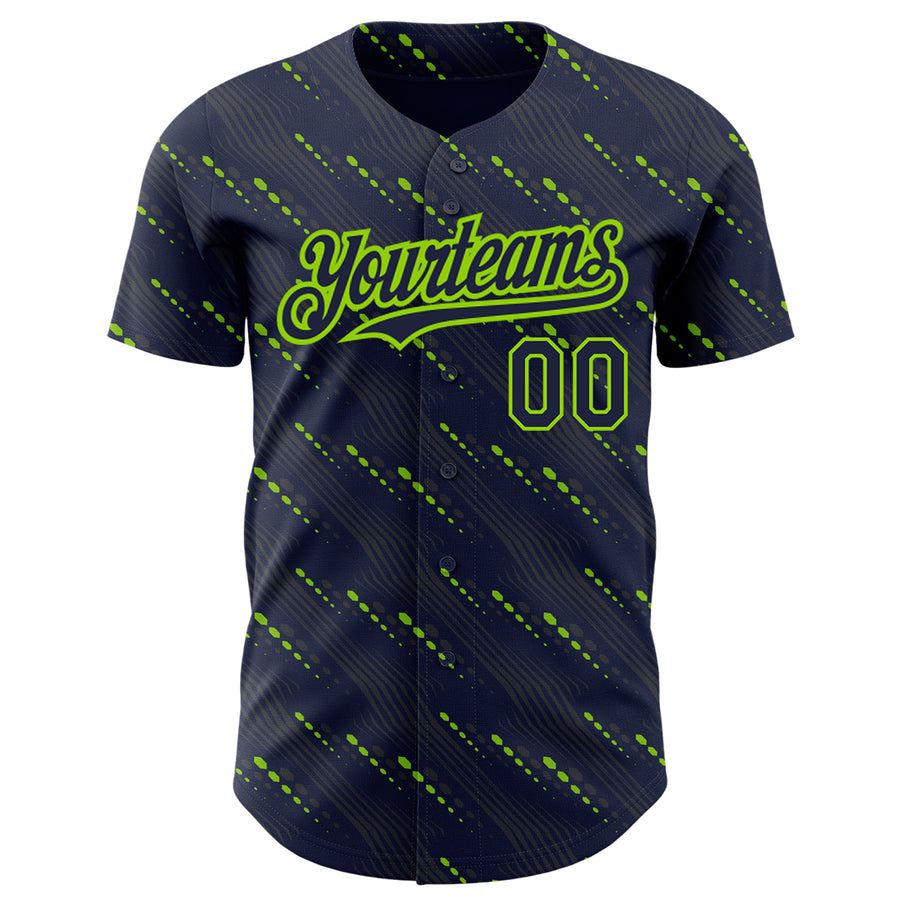 Custom Navy Neon Green 3D Pattern Design Slant Lines Authentic Baseball Jersey