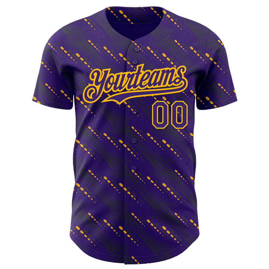 Custom Purple Gold 3D Pattern Design Slant Lines Authentic Baseball Jersey