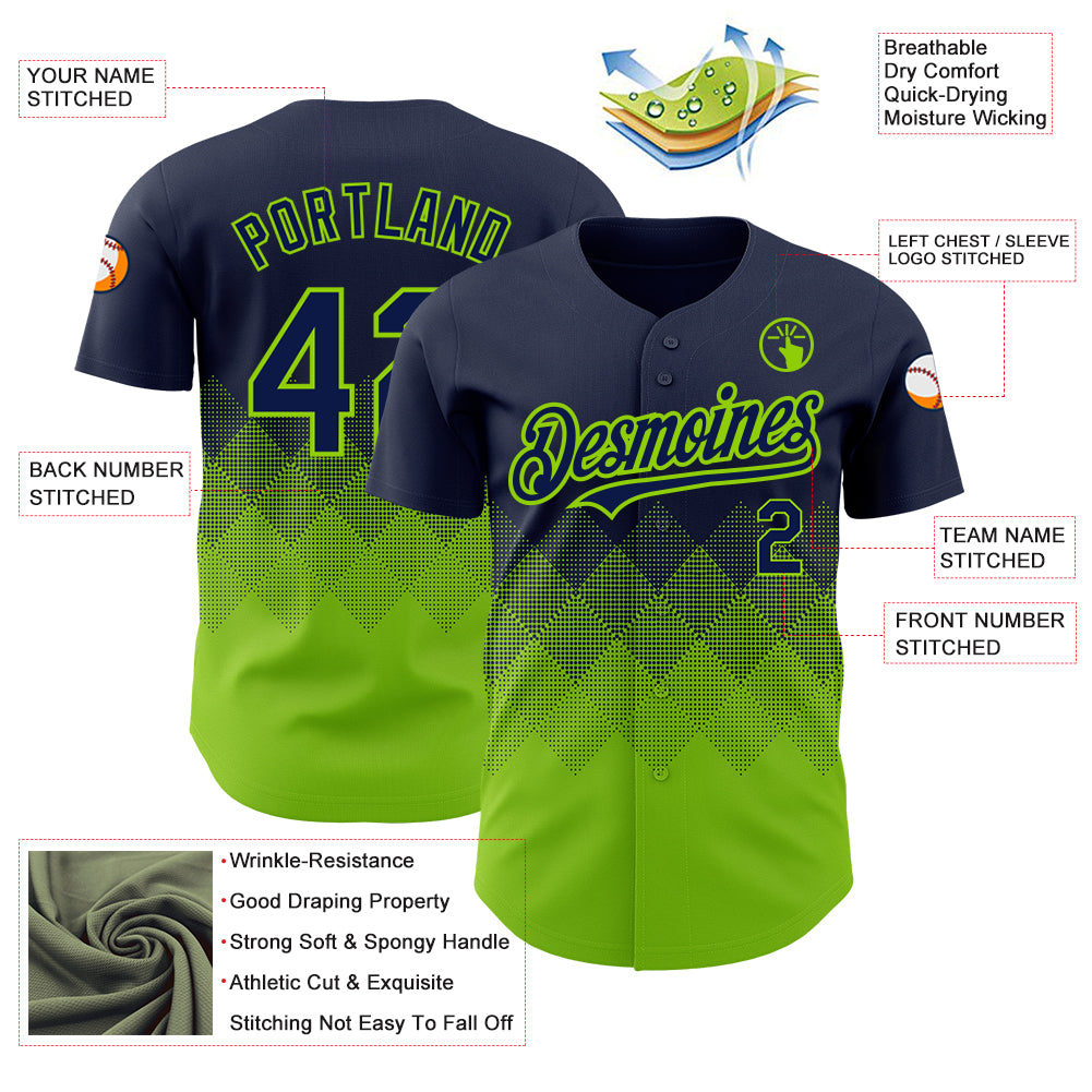 Custom Navy Neon Green 3D Pattern Design Gradient Square Shapes Authentic Baseball Jersey