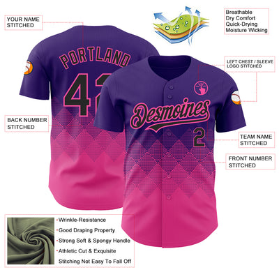 Custom Purple Black-Pink 3D Pattern Design Gradient Square Shapes Authentic Baseball Jersey