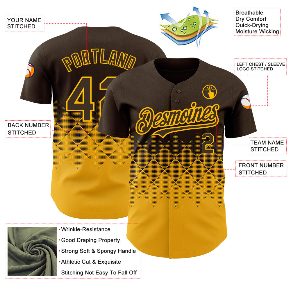 Custom Brown Gold 3D Pattern Design Gradient Square Shapes Authentic Baseball Jersey