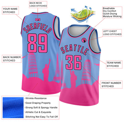 Custom Light Blue Pink-Black Holiday Travel Monuments Silhouette Authentic City Edition Basketball Jersey