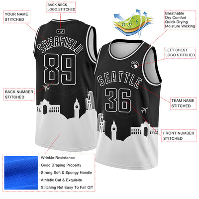 Custom Black White Holiday Travel Monuments Silhouette Authentic City Edition Basketball Jersey