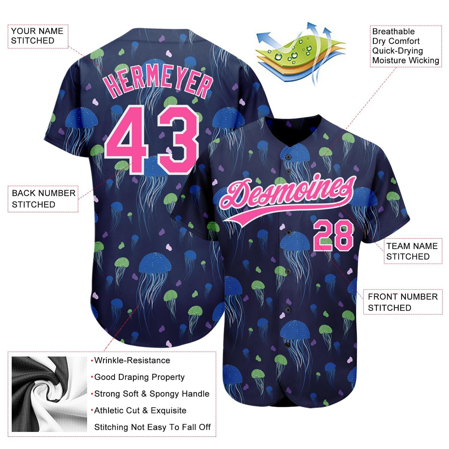 Custom Navy Pink-White 3D Pattern Design Jellyfish Authentic Baseball Jersey