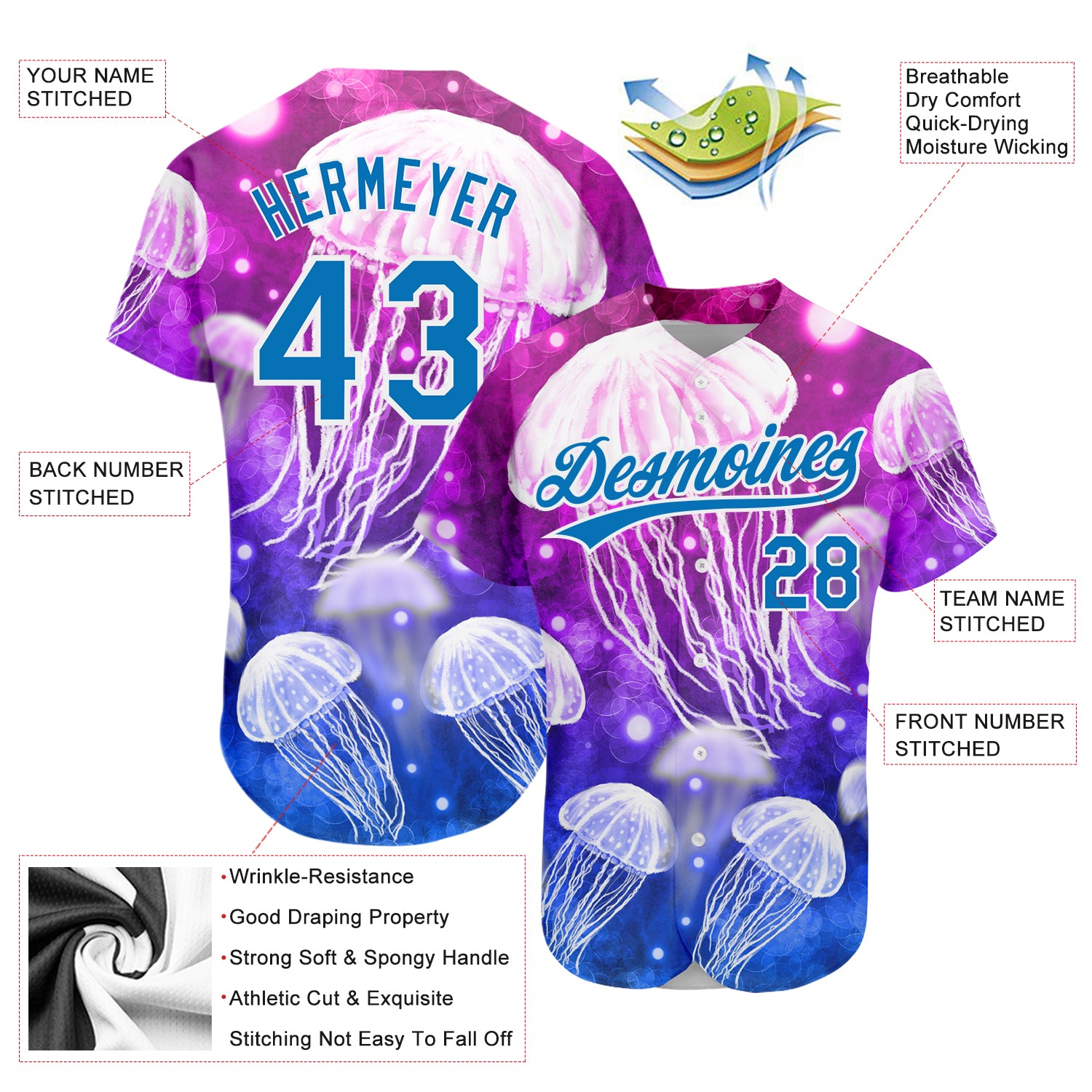 Custom Purple Blue-White 3D Pattern Design Jellyfish Authentic Baseball Jersey