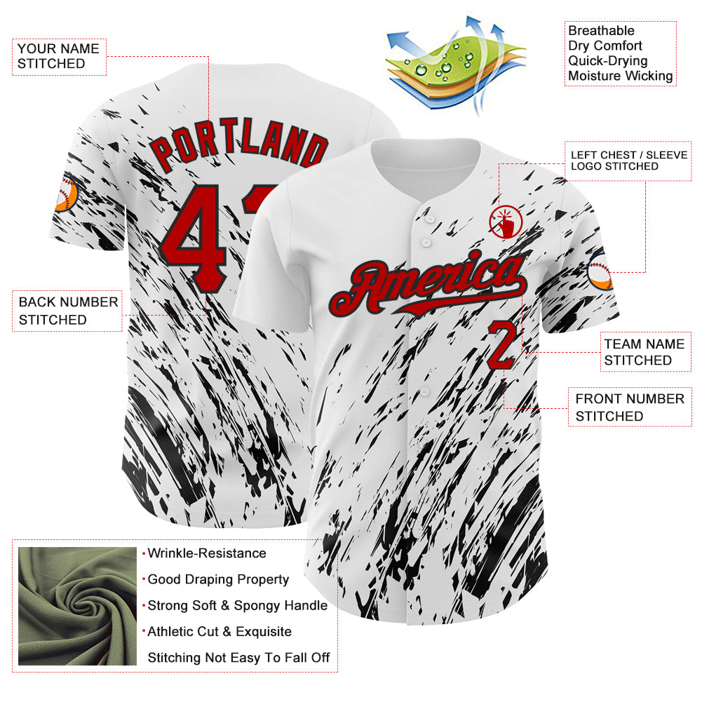 Custom White Red-Black 3D Pattern Design Abstract Splash Authentic Baseball Jersey
