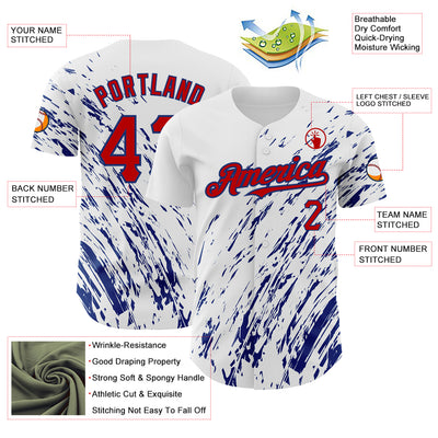 Custom White Red-Royal 3D Pattern Design Abstract Splash Authentic Baseball Jersey