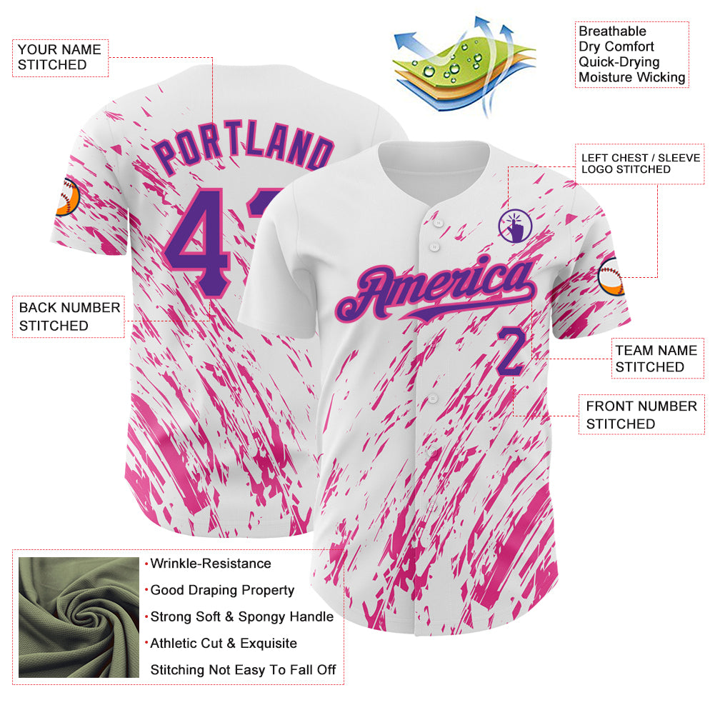 Custom White Purple-Pink 3D Pattern Design Abstract Splash Authentic Baseball Jersey