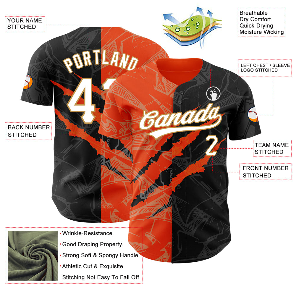 Custom Graffiti Pattern Black Orange-Old Gold 3D Scratch Authentic Baseball Jersey