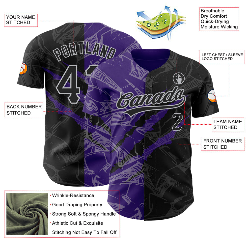 Custom Graffiti Pattern Black Purple-Gray 3D Scratch Authentic Baseball Jersey
