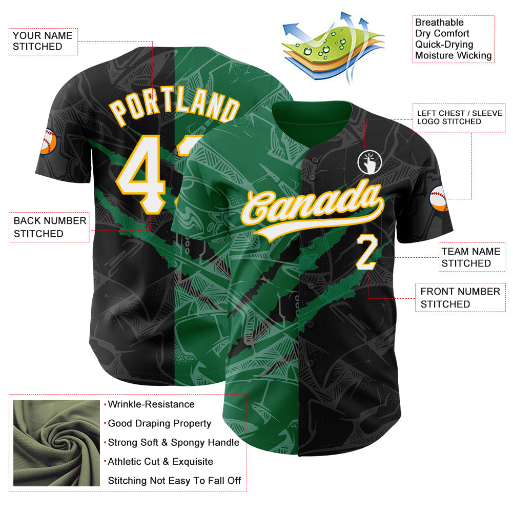 Custom Graffiti Pattern Black Kelly Green-Gold 3D Scratch Authentic Baseball Jersey
