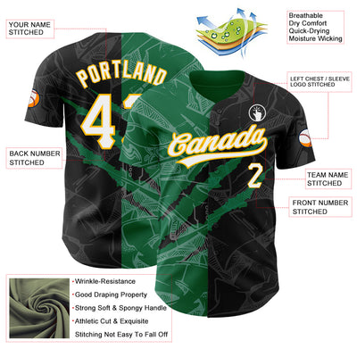 Custom Graffiti Pattern Black Kelly Green-Gold 3D Scratch Authentic Baseball Jersey