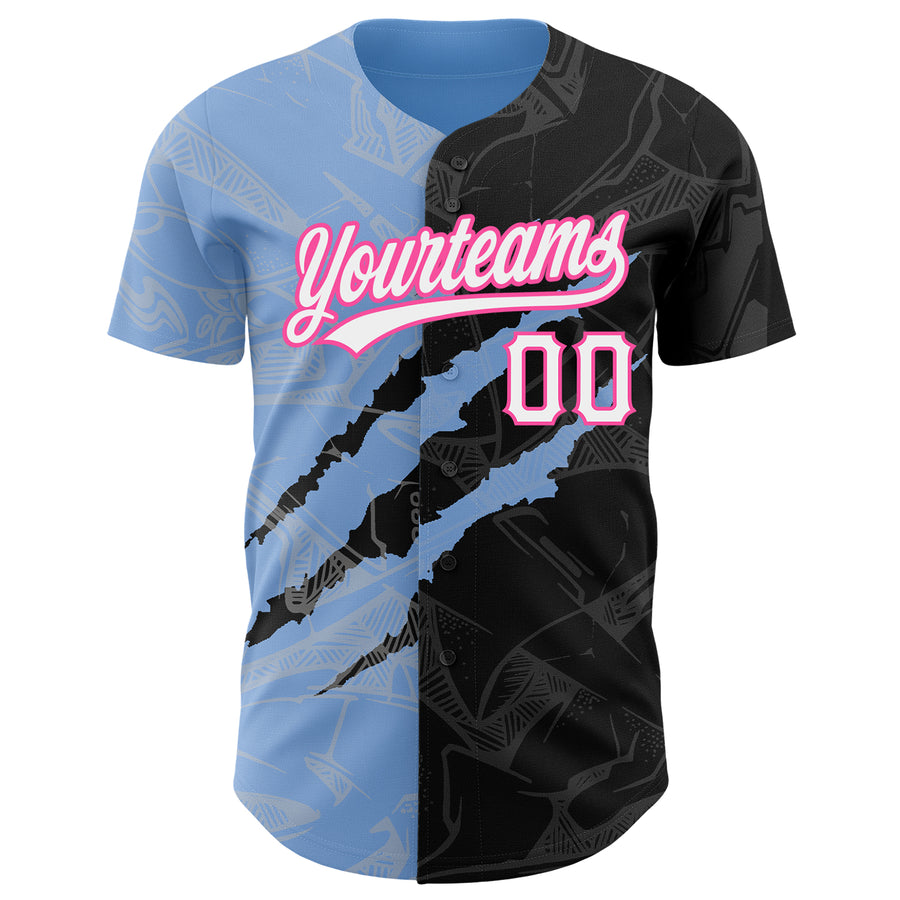 Custom Graffiti Pattern Black Light Blue-Pink 3D Scratch Authentic Baseball Jersey