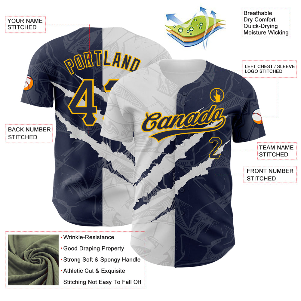 Custom Graffiti Pattern Navy-Gold 3D Scratch Authentic Baseball Jersey