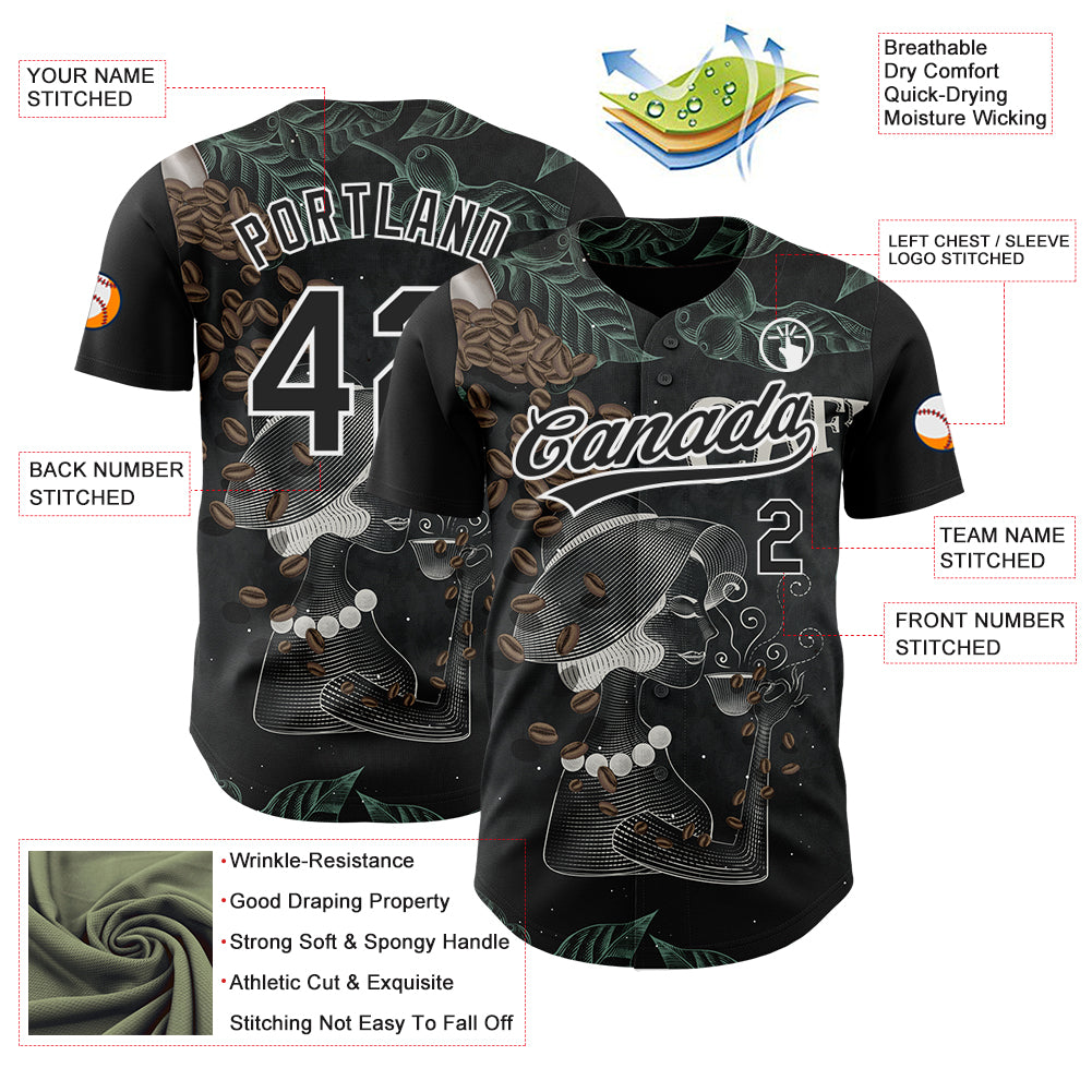 Custom Black White 3D Pattern Design International Coffee Day Authentic Baseball Jersey