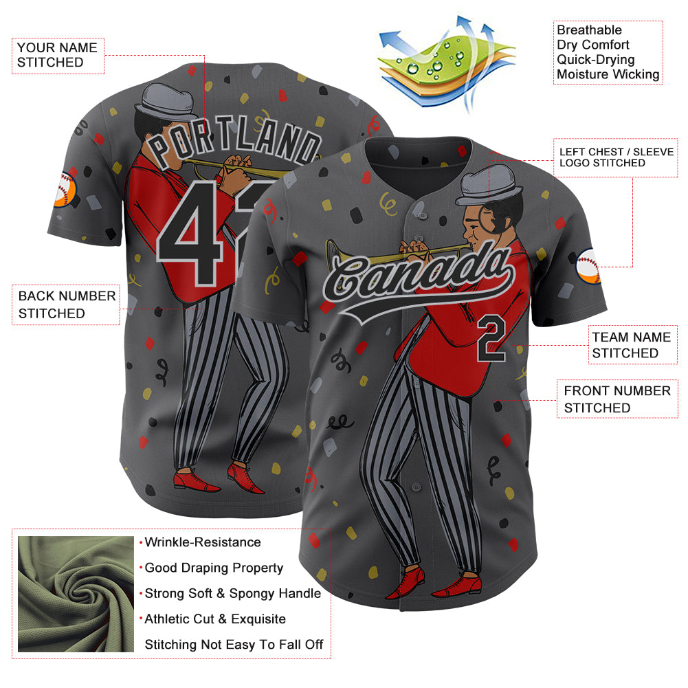 Custom Steel Gray Black-Gray 3D Pattern Jazz Music Authentic Baseball Jersey