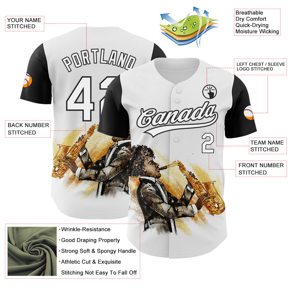 Custom White Black 3D Pattern Design International Jazz Day Authentic Baseball Jersey
