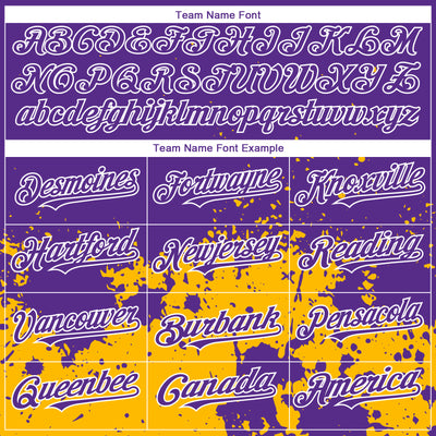Custom Purple Gold-White 3D Pattern Design Abstract Splash Grunge Art Authentic Baseball Jersey