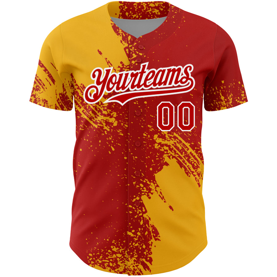 Custom Red Gold-White 3D Pattern Design Abstract Brush Stroke Authentic Baseball Jersey