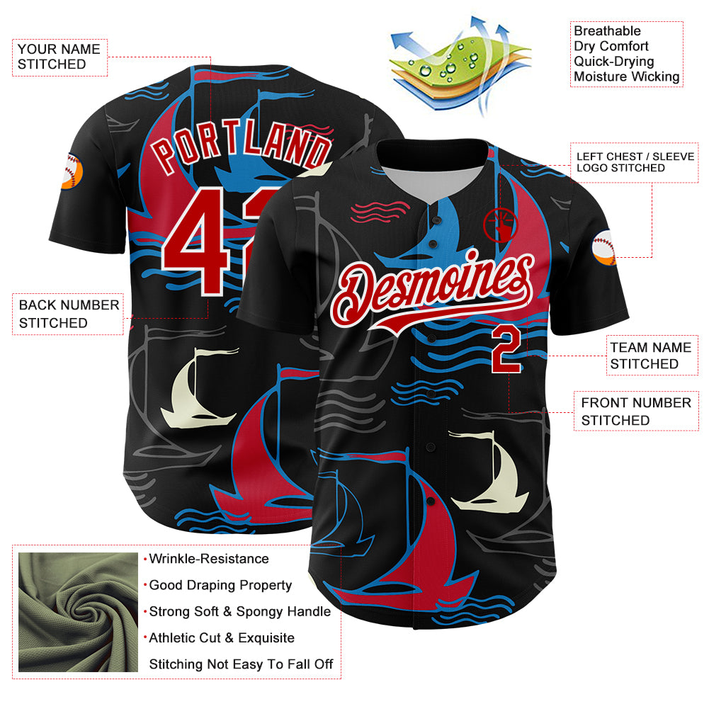 Custom Black Red-White 3D Pattern Design Sailing Boats Authentic Baseball Jersey