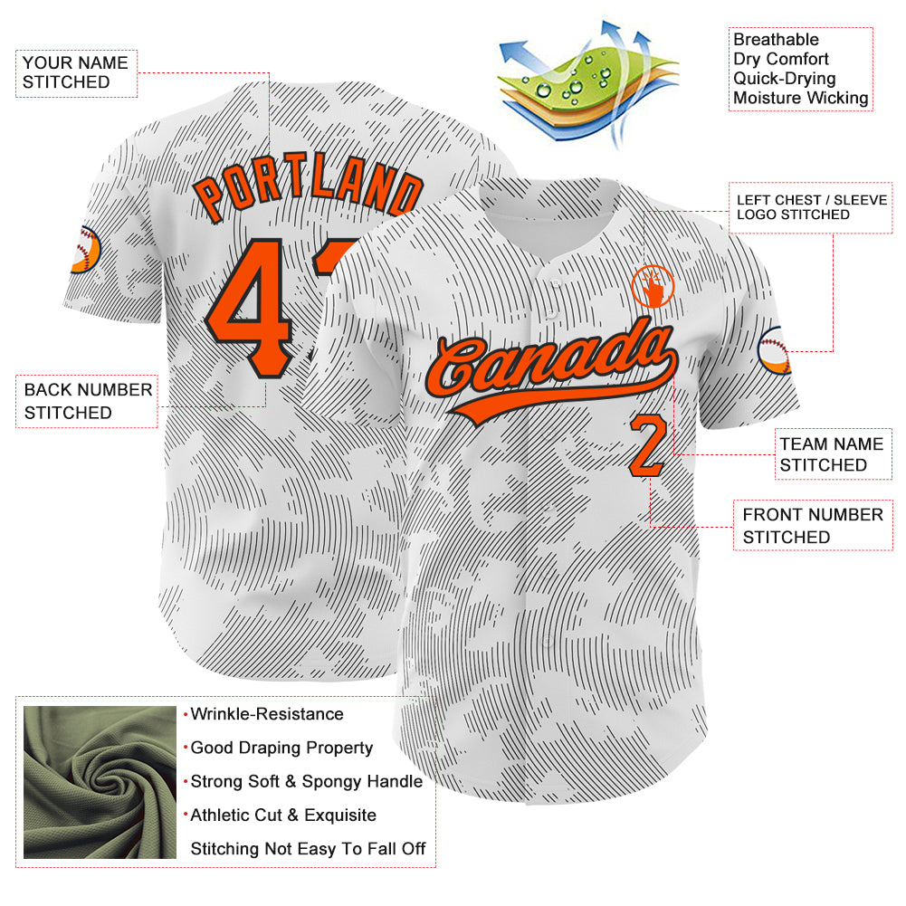 Custom White Orange-Black 3D Pattern Design Curve Lines Authentic Baseball Jersey