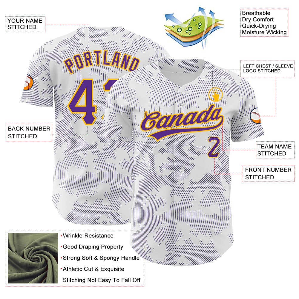 Custom White Purple-Gold 3D Pattern Design Curve Lines Authentic Baseball Jersey
