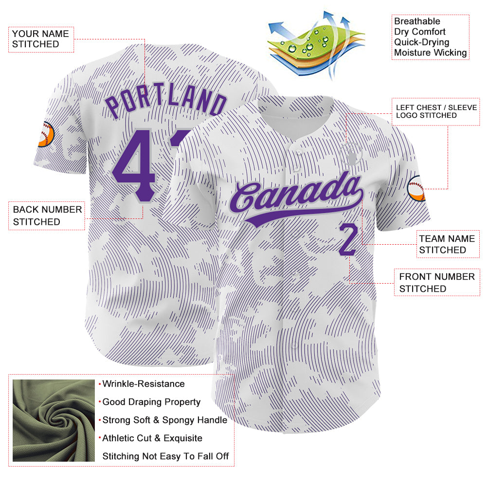 Custom White Purple-Gray 3D Pattern Design Curve Lines Authentic Baseball Jersey