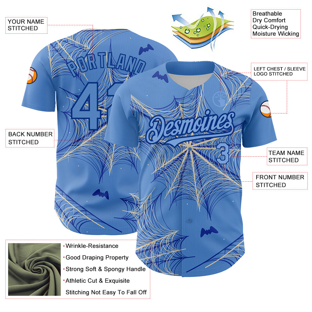 Custom Light Blue Cream-Royal 3D Pattern Design Spider Web Authentic Baseball Jersey