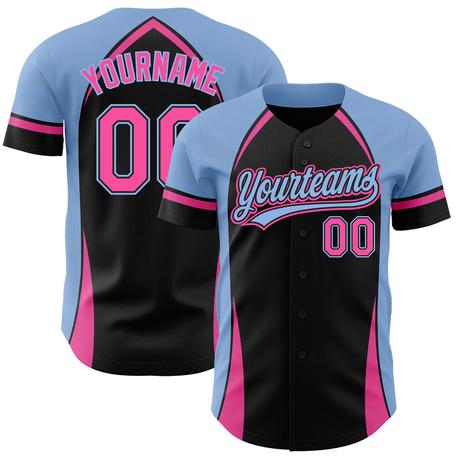 Custom Black Pink-Light Blue 3D Pattern Design Curve Solid Authentic Baseball Jersey