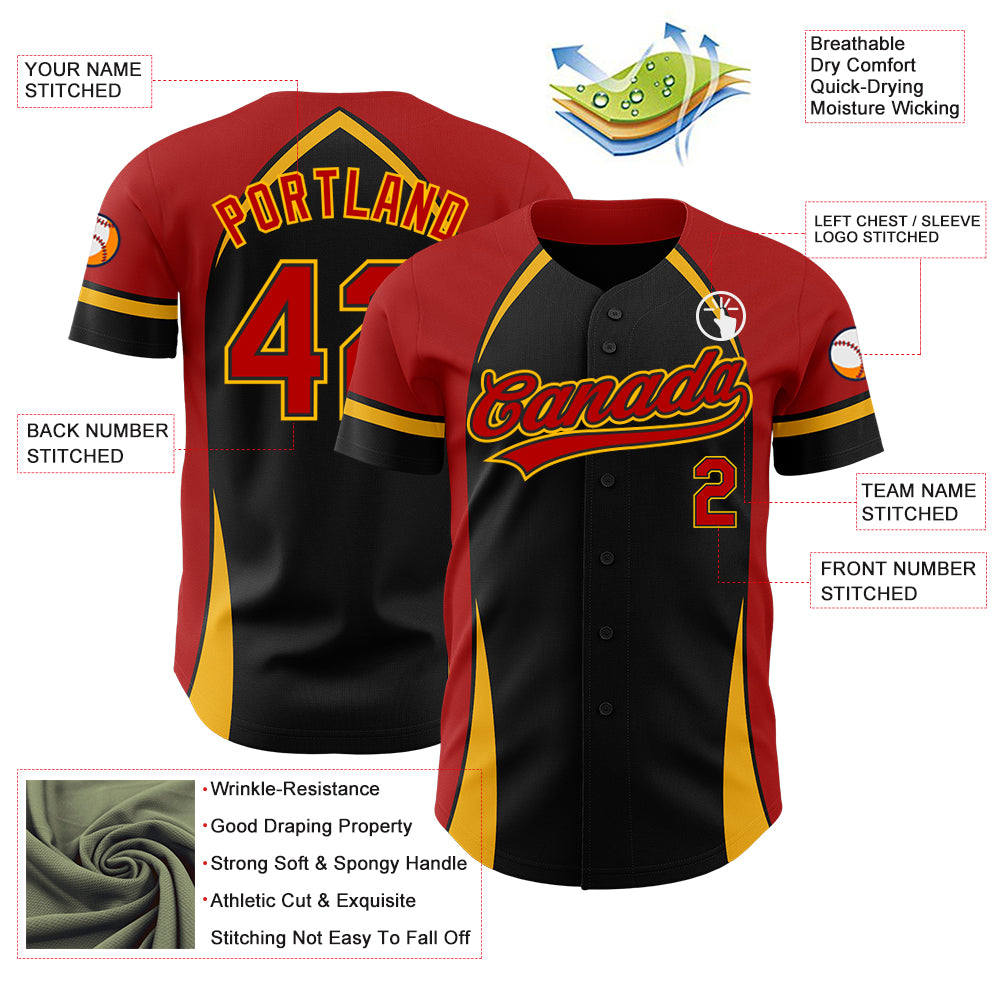 Custom Black Red-Gold 3D Pattern Design Curve Solid Authentic Baseball Jersey