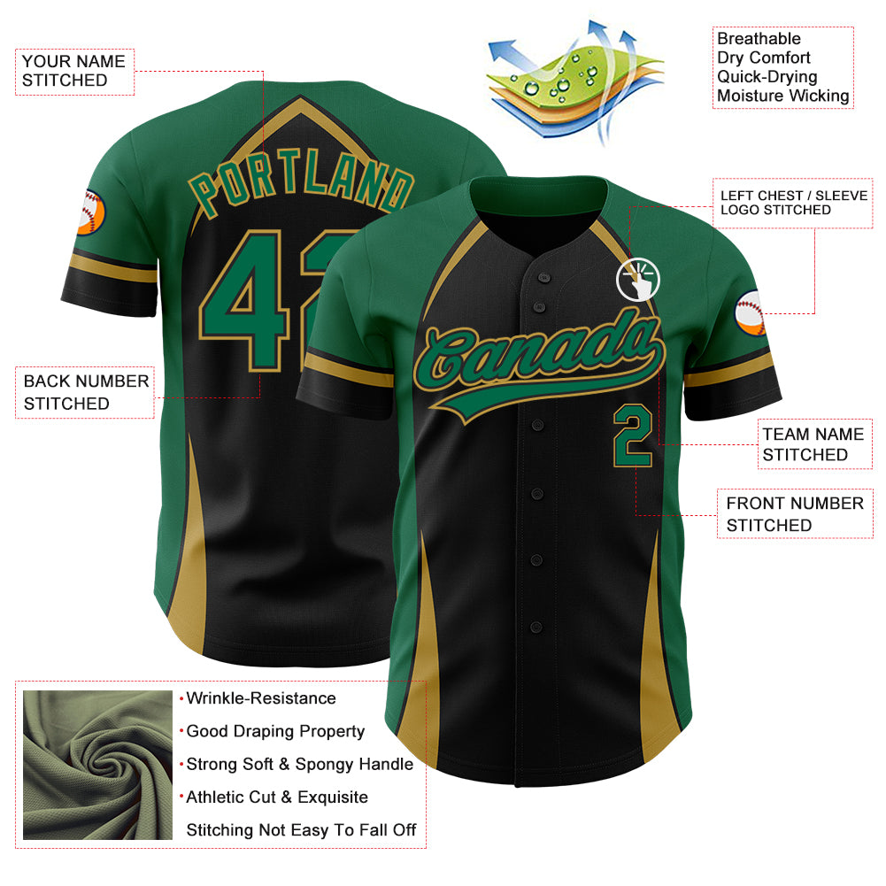 Custom Black Kelly Green-Old Gold 3D Pattern Design Curve Solid Authentic Baseball Jersey