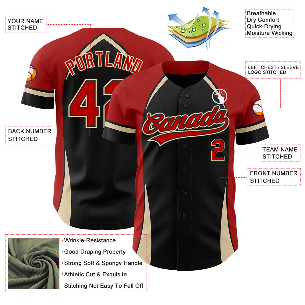 Custom Black Red-Cream 3D Pattern Design Curve Solid Authentic Baseball Jersey