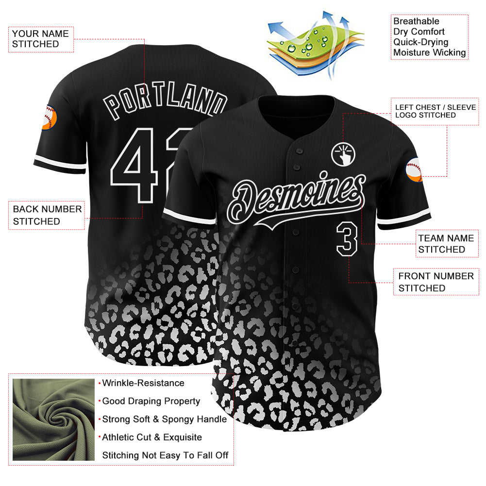 Custom Black White 3D Pattern Design Leopard Print Fade Fashion Authentic Baseball Jersey